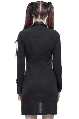 Gothic women's fitted shirt dress with leather collar trim and split hem, rear full-length view