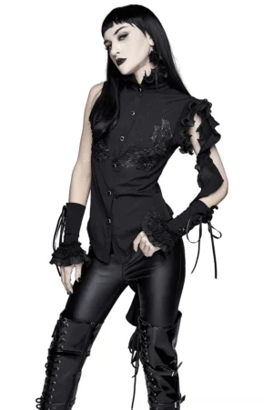 Black gothic sleeveless blouse with floral embroidery and high ruffled collar, front three-quarter view on model