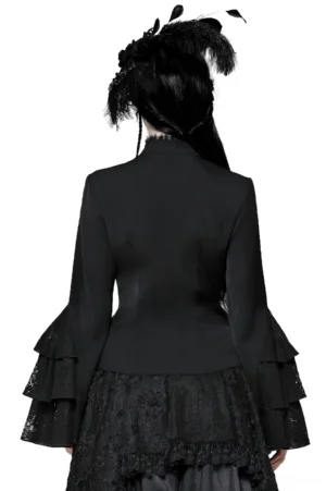 Gothic Victorian lace blouse back view showing fitted waist silhouette and lace-trimmed ruffled sleeves on model against white studio background