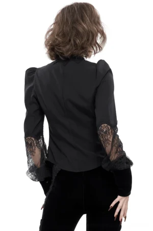 Black gothic lace blouse back view showing solid back panel and structured puff shoulders with lace-trimmed cuffs