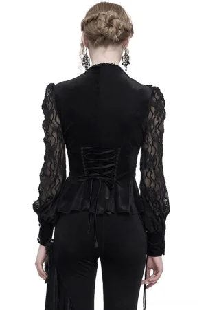 Gothic black velvet blouse back view featuring corset-inspired lace-up back design and sheer lace puff sleeves on model