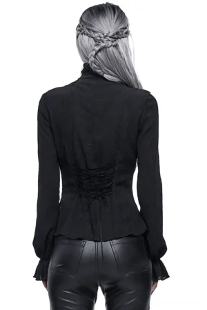 Black gothic blouse with lace-up back and cinched waist design, back view on model with braided hair