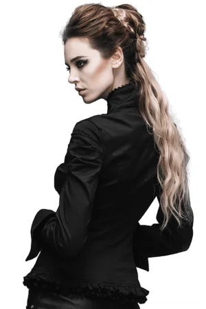 Black gothic blouse rear side view on model showing fitted silhouette and lace ruffled hemline