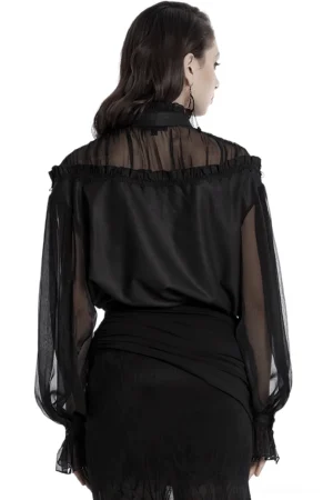 Gothic blouse back view showing sheer chiffon panels and ruffled high collar - side back full view on model