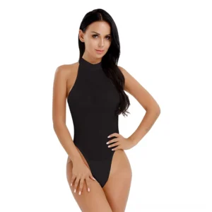 Black sleeveless gothic thong bodysuit with halter neckline and high-cut thong design, front view on model