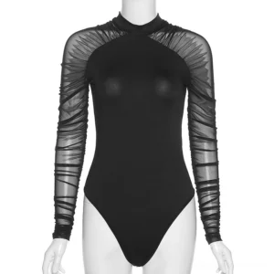 Full front view of black gothic bodysuit on display mannequin showing high neck stand collar and semi-transparent long sleeves