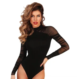 Black gothic stand collar bodysuit with sheer ruched mesh thumb sleeves worn by model on white studio background