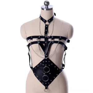 Black PU leather bondage harness belt with chains and O-ring details, front view on mannequin, gothic style women's harness with adjustable straps