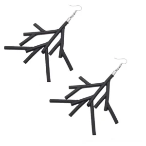 Pair of black gothic drop earrings flat lay on white background, detailed view of stick branch structure and silver hardware