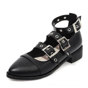 Black pointed-toe buckle strap pumps with silver hardware and ankle straps on white background, side view showing 3.5cm block heel and gothic architecture
