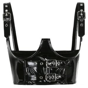Overhead flat lay view of black glossy PU leather gothic crop top with adjustable buckled shoulder straps and dual front fasteners