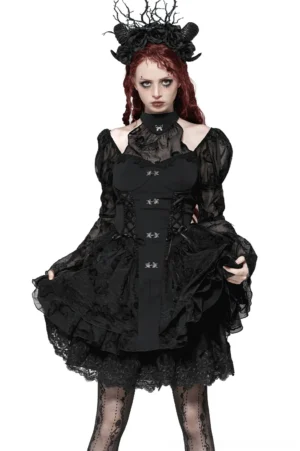 Black gothic butterfly lolita mini dress front view on model with sheer bell sleeves and metal butterfly buckles