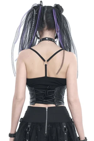 Back view of black gothic cami top showing Y-shaped spaghetti straps, metal O-rings, and back lace-up corset design on white background