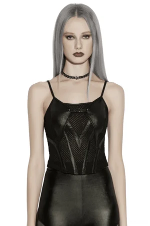 Black gothic mesh camisole top with faux leather panels and adjustable spaghetti straps, front full-body view on model with silver hair