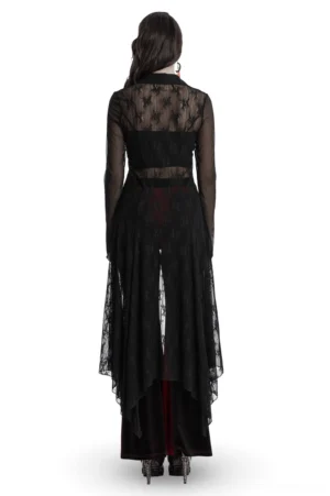 Black gothic lace cape rear view on model, showcasing waist cutout and uneven hemline detail