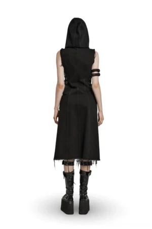 Black punk hooded denim cape rear view on female model, showcasing sleeveless cut and raw frayed hem with draped silhouette