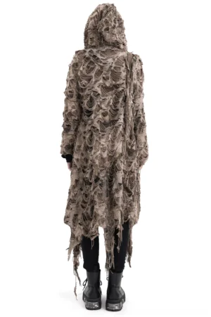 Shredded hooded grunge duster cape back view on female model, displaying full-length silhouette and tattered distressed fabric texture