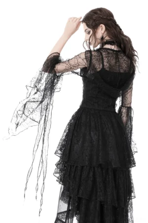 Black sheer lace hooded gothic cape back view – open back design and tattered lace sleeve details on model