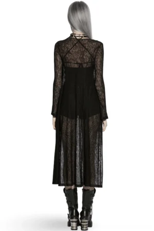 Black gothic sheer cape back view displaying elegant drape and transparent crinkled knit texture on model