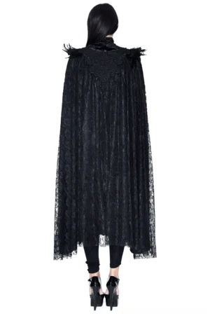 Back view of women's black gothic lace cape with feathered shoulders, displaying full floor-length silhouette and lace texture detail