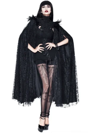 Black feathered gothic cape with lace worn by female model, front full-body view showing floor-length drape and feather shoulder accents