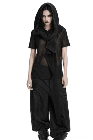 Black hooded post-apocalyptic gothic cape vest worn by female model, front full-body view with draped side panels and sheer layering