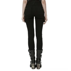 Black gothic cargo jeans rear view on model, tailored back pockets and seam details, alternative punk trousers