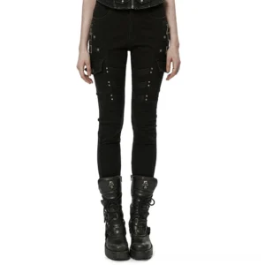 Black gothic cargo jeans with thigh zippers front view on model, slim fit punk style pants with utility loops
