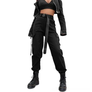 Black gothic cargo joggers with suspender straps high waist loose fit full body front view on model