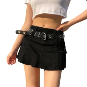 High-waist gothic cargo mini skirt in black with functional side pockets, front view worn with white crop top and PU belt