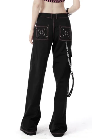 Black gothic pants back view showing cross-strap pockets and side metal chain decoration