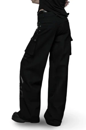 Black gothic wide-leg cargo pants with side pockets and industrial details - rear angle view