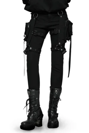 Black detachable leg pocket cargo pants front view on model - gothic tactical pants with mesh thigh panel
