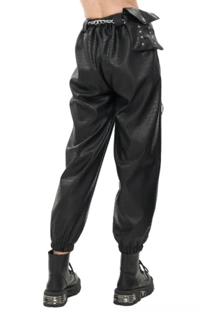 Black PU leather gothic cargo pants rear three-quarter view showing elasticated waist and rivet-decorated side pouch