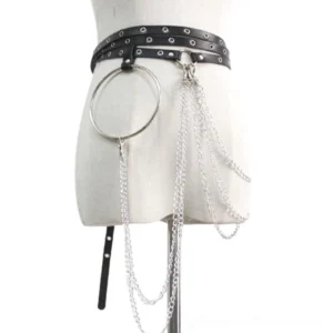 Black gothic chain belt displayed on mannequin back view, featuring double black faux leather straps with cascading silver chain tassels and metal hoop detail