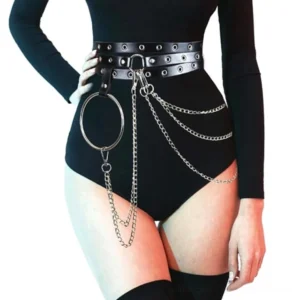Black gothic chain waist belt worn by female model, front three-quarter view showcasing black faux leather straps with silver metal chains and large sculptural hoop against white studio background