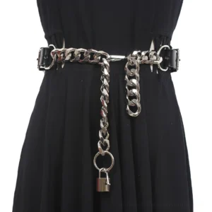 Black gothic chain leather belt with silver padlock charm pendant worn on black dress, front waist close-up view showing chunky metal chain details