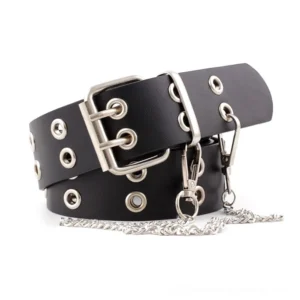 Black gothic chain belt with detachable silver chain and double-prong pin buckle, alternative fashion accessory