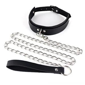 Black gothic chain collar harness with leash, metal dual chains and faux leather strap with carabiner clasp, flat lay top view