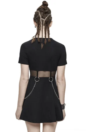 Black gothic short dress rear view with mesh waist cutout and metal chain details