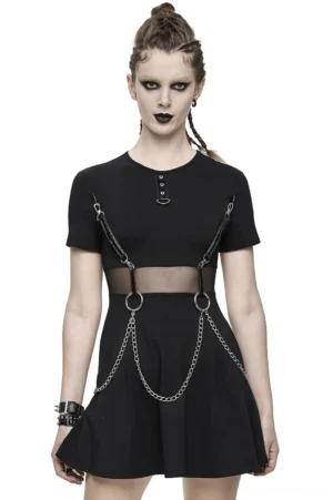 Black gothic mesh chain harness short dress front view on model with alternative styling