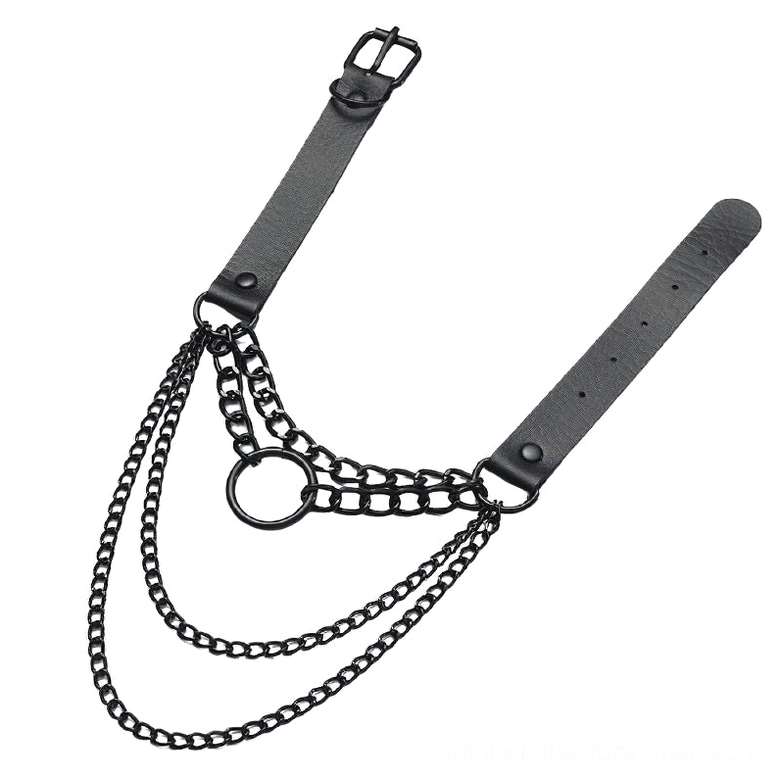 Black gothic chain harness necklace with adjustable leather buckle strap - flat lay side detail view