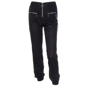 Black gothic chain zipper harem pants front view on mannequin, featuring silver zipper pockets and waist chain accent