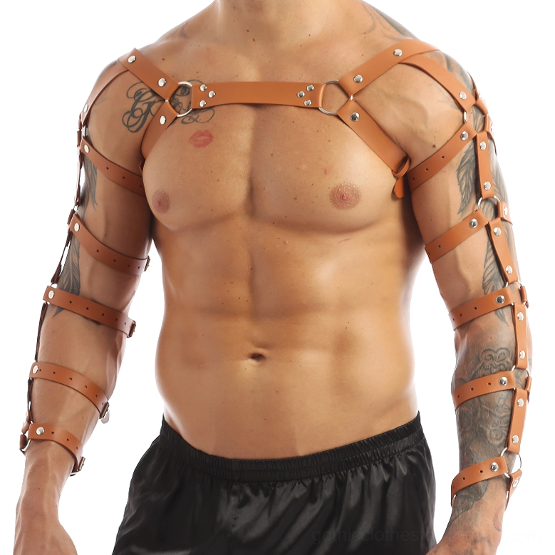 Black leather gothic chest harness back view on model, showing rear adjustment buckles and strap configuration