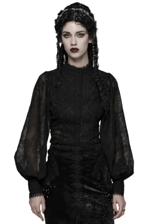 Black embroidered chiffon gothic blouse with corset back - front full body view on model