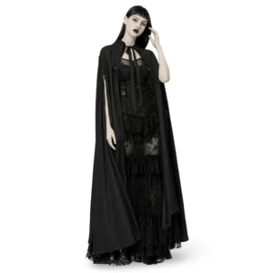 Black gothic chiffon lapel cloak with crystal pendant worn by model, front view showing pointed lapels and flowing fabric