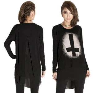 Solid black gothic chiffon long sleeve loose tunic top, front and back view on two models, split back panel design, asymmetrical hem