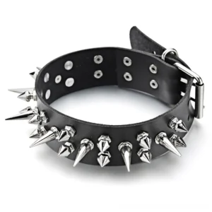 Adjustable black leather choker with spike and stud embellishments, flat lay top-down view showing metal buckle closure and texture details