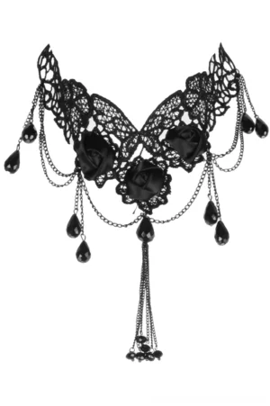 Black lace gothic choker flat lay front view showing hollow lace pattern, satin roses, and multi-chain tassel details