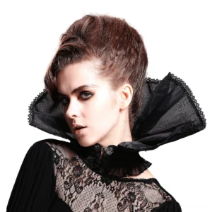 Black gothic choker collar front view on female model featuring vintage metal clasp and intricate lace trim